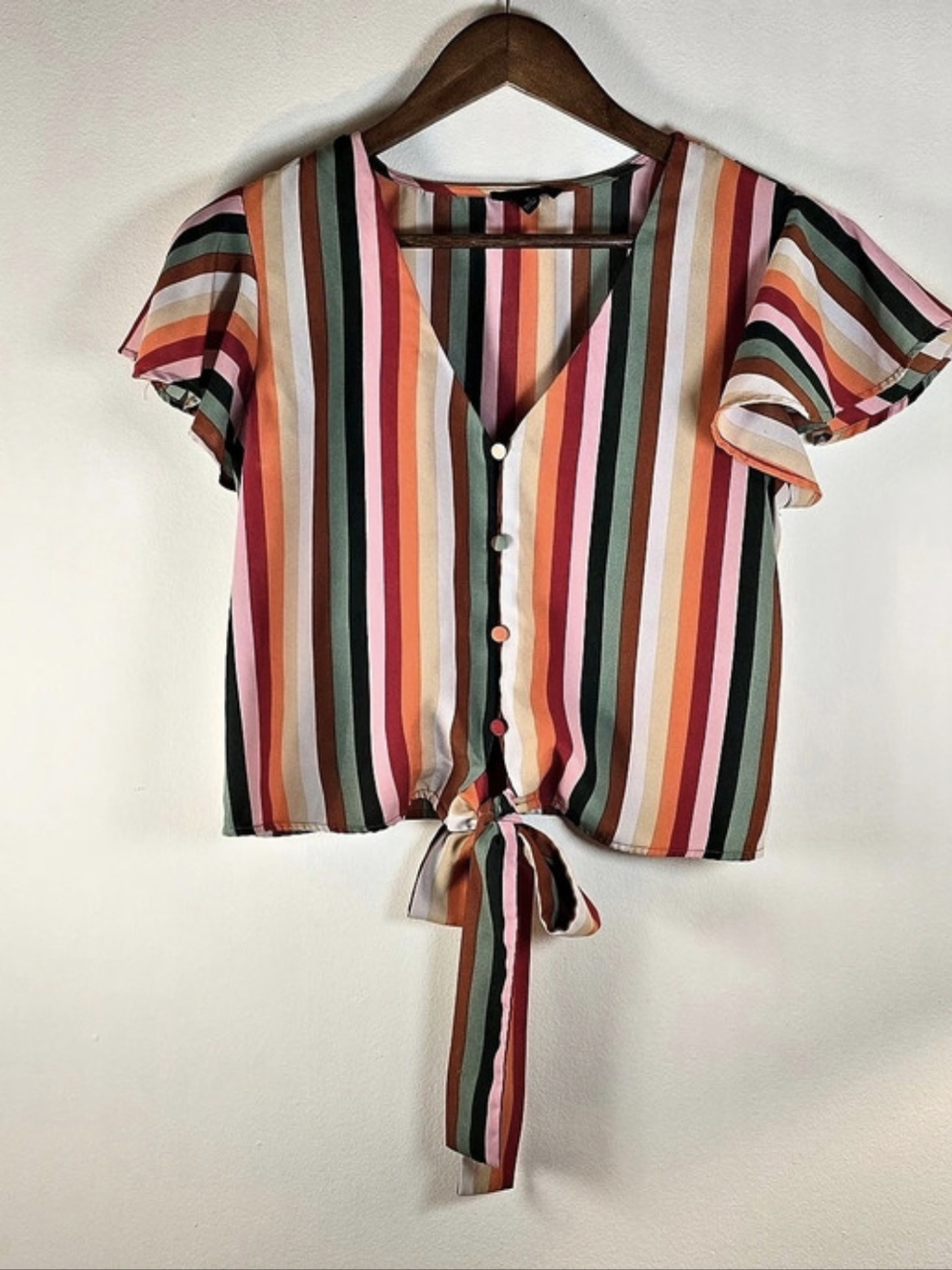 E2M Earth Tone Retro Vertical Stripe Tie Front Crop Blouse Flutter Sleeve S
